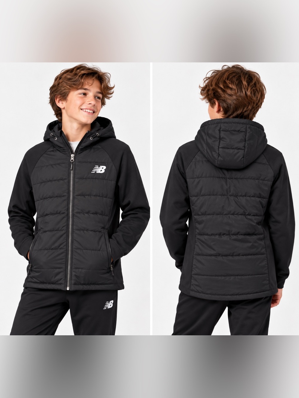 New Balance Boys L Black Hybrid Puffer Jacket Hooded Athletic Coat